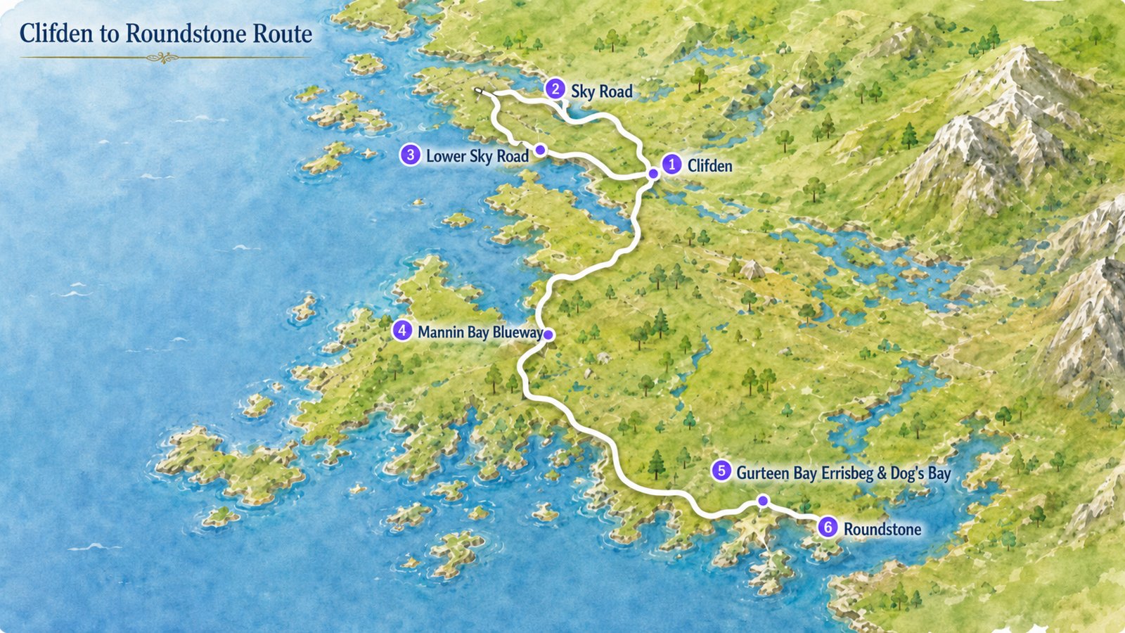 Illustrated map of the Clifden to Roundstone drive showing all six stops in order from Clifden via Sky Road, Mannin Bay and Gurteen to Roundstone